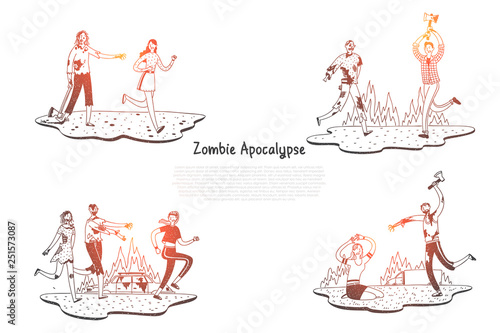 Zombie apocalypse - zombies scarying and fighting with people vector concept set