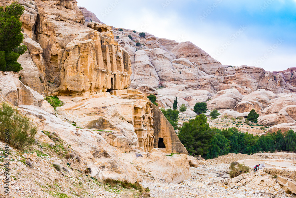 Stunning view of the beautiful ruins of Petra in Jordan. Petra is a historical and archaeological city in southern Jordan.