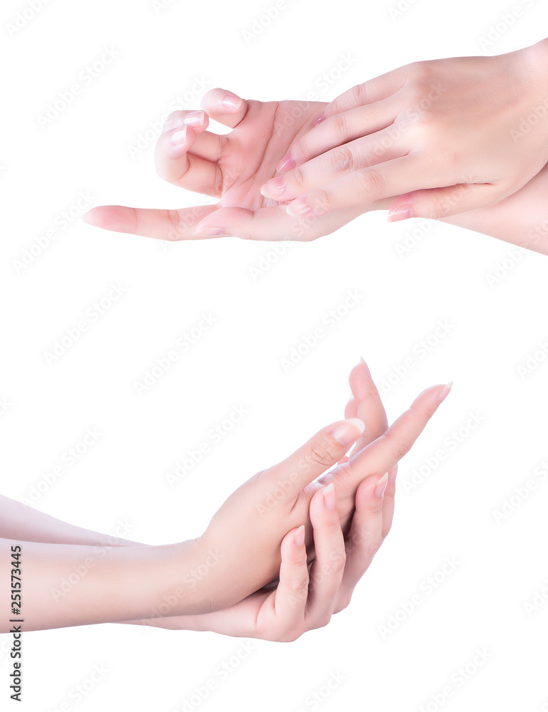 Beautiful and elegant adult woman empty hands side isolated on white background, concept of applying moisturizing cream, body care, manicure, close up, clipping path Beautiful and elegant adult woman empty hands side isolated on white background, concept of applying moisturizing cream, body care, manicure, close up, clipping path