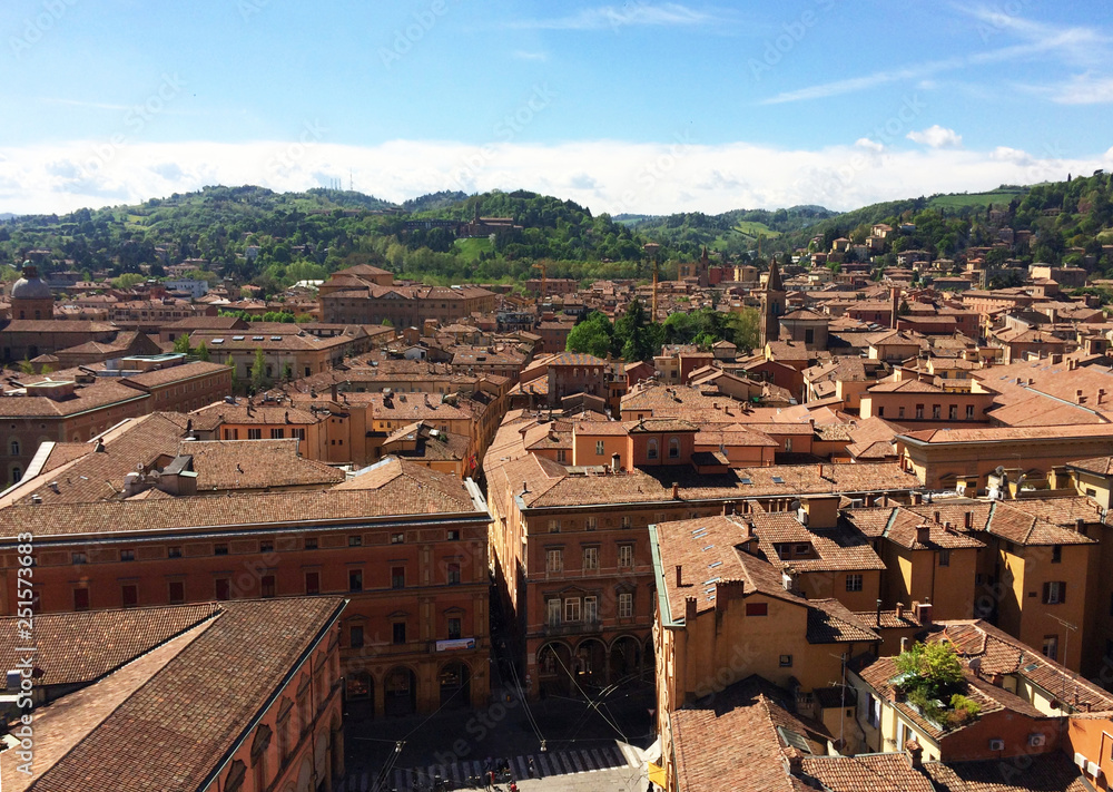Panoramic view of the rooftops of Bologna, Italy
