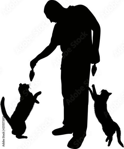 man given fish to cats isolated on white
