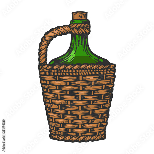 Wine bottle carboy with basket and handle weaving color sketch engraving vector illustration. Scratch board style imitation. Hand drawn image.