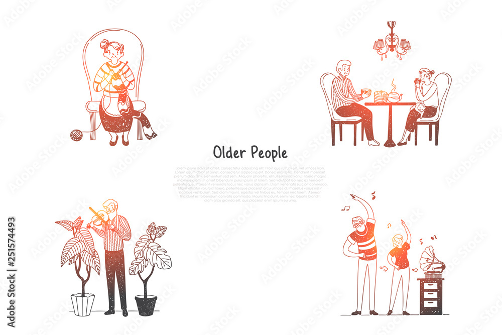 Older people - elderly people knitting, drinking tea, playing violin and making exercises with grandchildren vector concept set Older people - elderly people knitting, drinking tea, playing violin and making exercises with grandchildren vector concept set