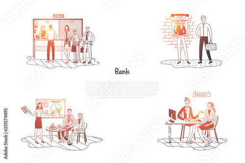 Bank - clients in bank listening to presentation, speaking with specialists, standing in line to cash desk and making withdrawals vector concept set