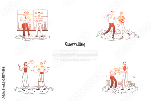 Quarrelling - friends, couples and colleagues quarreling on street and in office vector concept set