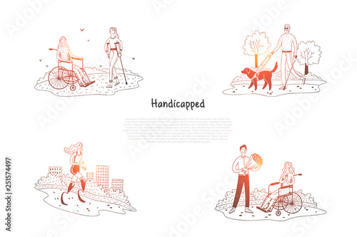 Handicapped - disabled and blind people walking in park and making sports vector concept set