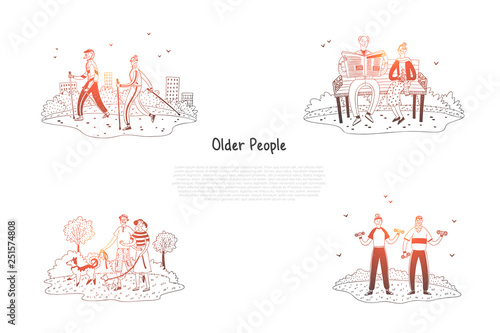Older people - elderly people making exercises, walking, reading and having active lifestyle vector concept set