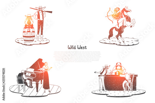 Wild West - Indian with archery on horse, hunter with gun, saloon with drinks and tavern with musicians vector concept set