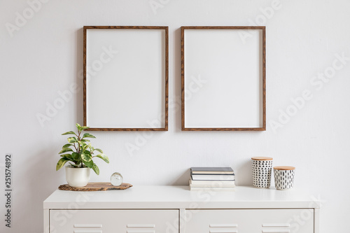 Minimalistic home decor of interior with two brown wooden mock up photo frames on the white shelf with books, beautiful plant in stylish pot and home accessories. White wall. 