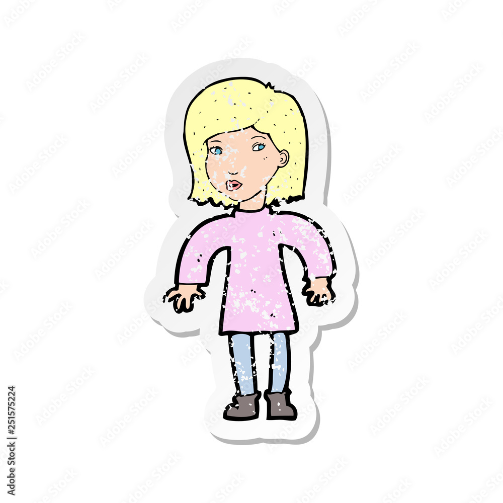 retro distressed sticker of a cartoon cautious woman retro distressed sticker of a cartoon cautious woman