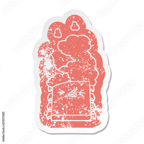 cartoon distressed sticker of a overheating computer chip wearing santa hat