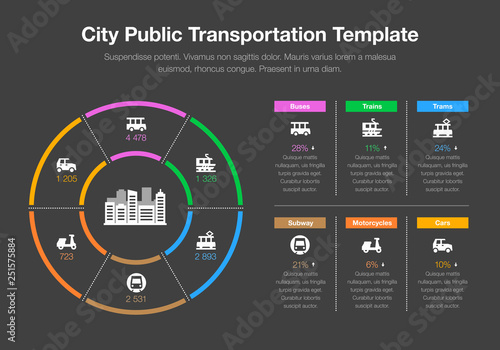 Infographic for city public transportation statistics with colorful pie chart, icons and place for your content - dark version. Easy to use for your website or presentation.