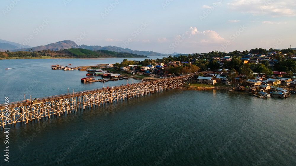 Aerial view of Mon bridge in Kanchanaburi Thailand
