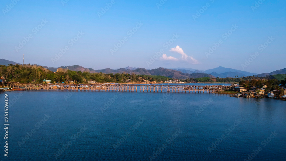 Aerial view of Mon bridge in Kanchanaburi Thailand Aerial view of Mon bridge in Kanchanaburi Thailand