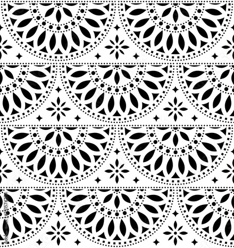 Fototapeta Mexican folk art vector seamless geometric pattern with flowers, black and white