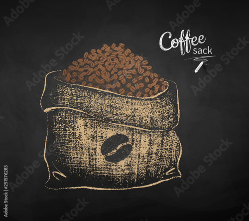 Chalk drawn sketch of open sack with coffee beans