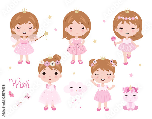 Vector cute little baby girl dressed as princess. Baby princess set. Vector little baby girl with magic wand.