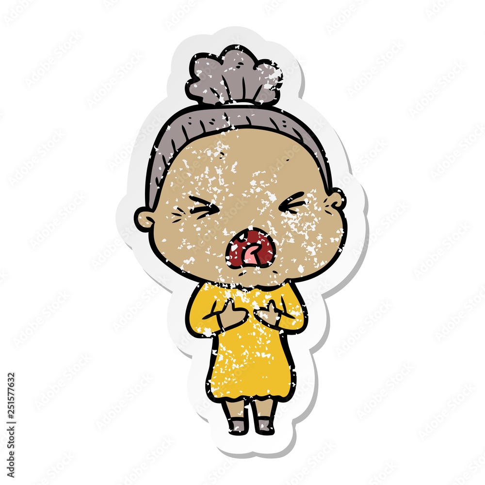 distressed sticker of a cartoon angry old woman distressed sticker of a cartoon angry old woman