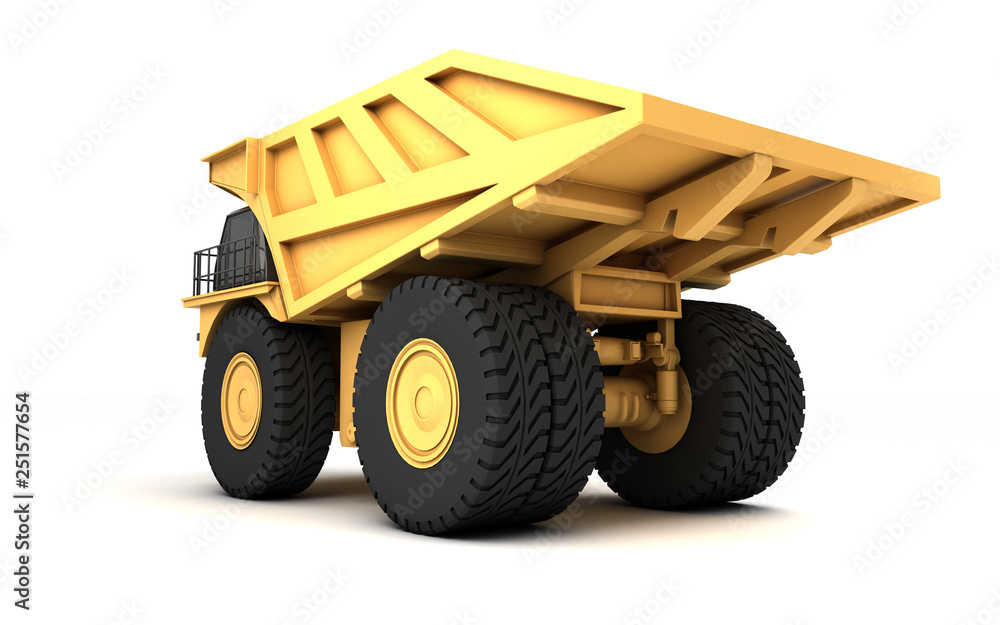 Low angle rear view of the huge empty mining dump truck isolated on white background. Left side. Wide angle. 3d illustration.