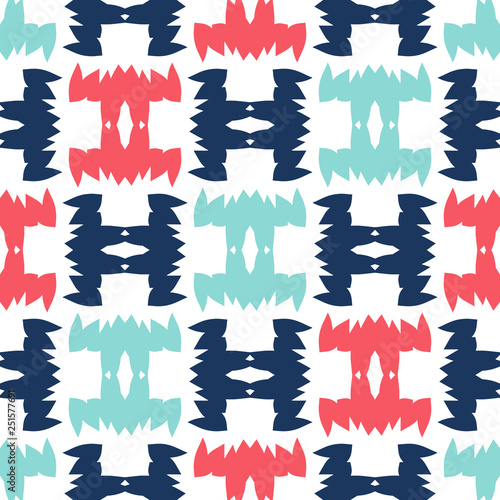 Bright seamless pattern with alternate geometric elements on white background.