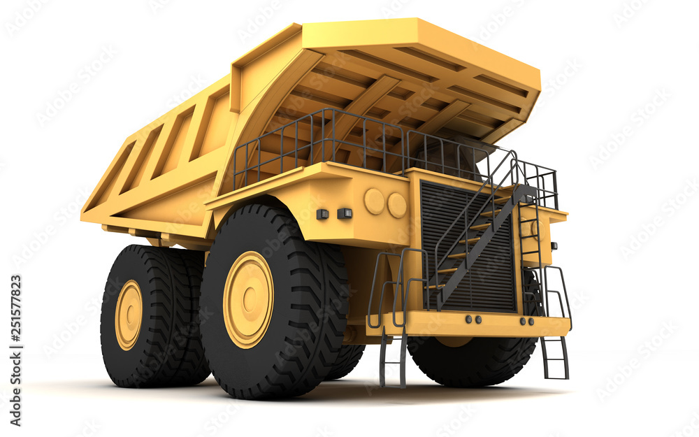 Huge empty mining dump truck isolated on white background. Perspective. Front side view. Low angle. Fish eye lens. Right side. 3d illustration.