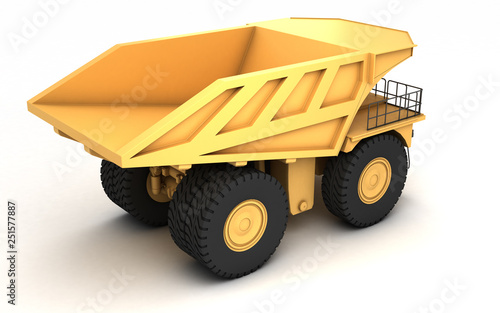 Huge empty mining dump truck isolated on white background. Perspective. Rear side view. High angle. Right side. 3d illustration.