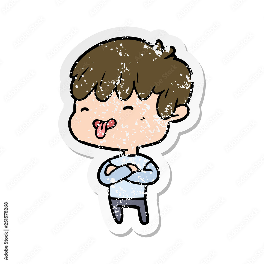distressed sticker of a cartoon boy sticking out tongue distressed sticker of a cartoon boy sticking out tongue