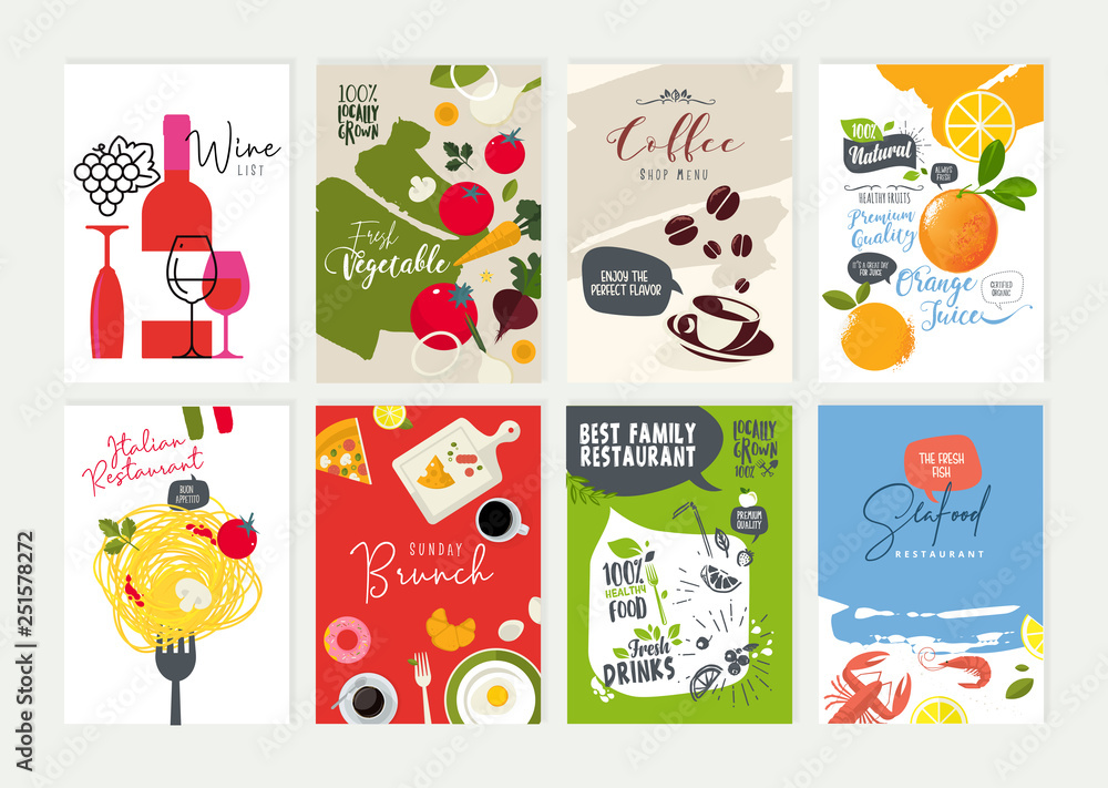 Obraz Zestaw menu restauracji, broszury, szablony projektu ulotki. Ilustracje wektorowe do materiałów marketingowych dotyczących żywności i napojów, prezentacji produktów naturalnych, projektu okładki, listy win i szablonów menu koktajlowych