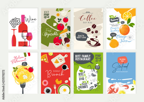 Set of restaurant menu, brochure, flyer design templates. Vector illustrations for food and drink marketing material, natural products presentation, cover design, wine list and cocktail menu templates