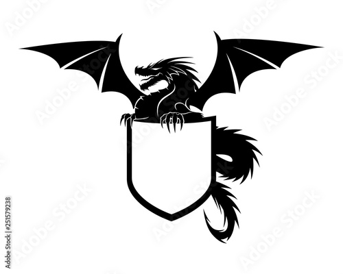 Dragon with shield sign on white background.