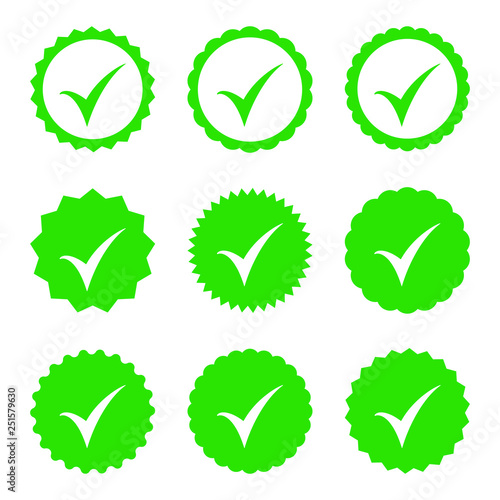 Approved icon. Profile Verification. Accept badge. Quality icon. Check mark. Sticker with tick.
