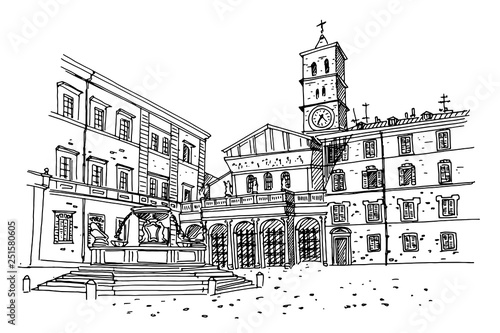 vector sketch of The Basilica of Santa Maria in Trastevere, Rome, Italy.