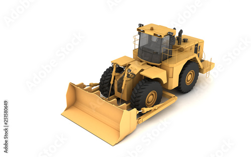 High angle view on powerful yellow hydraulic wheel bulldozer isolated on white. 3D illustration. Isometric. Perspective. Front side view. Left side.
