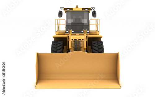 Powerful yellow hydraulic wheel bulldozer isolated on white. 3D illustration. Front view. Eye level.