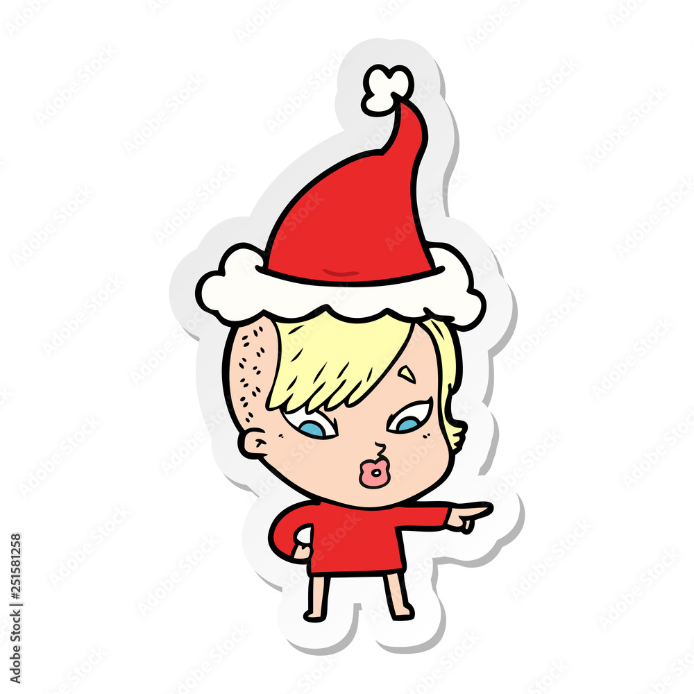 sticker cartoon of a surprised girl pointing wearing santa hat sticker cartoon of a surprised girl pointing wearing santa hat