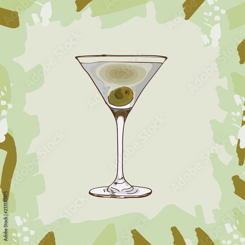 Dirty Martini Contemporary classic cocktail illustration. Alcoholic bar drink hand drawn vector. Pop art isolated sketch style menu item.