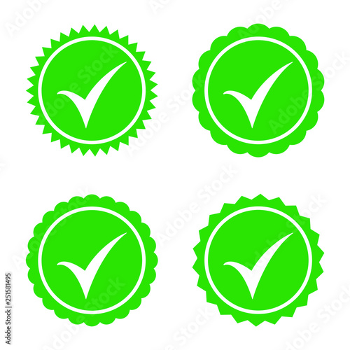 Approved icon. Profile Verification. Accept badge. Quality icon. Check mark. Sticker with tick.