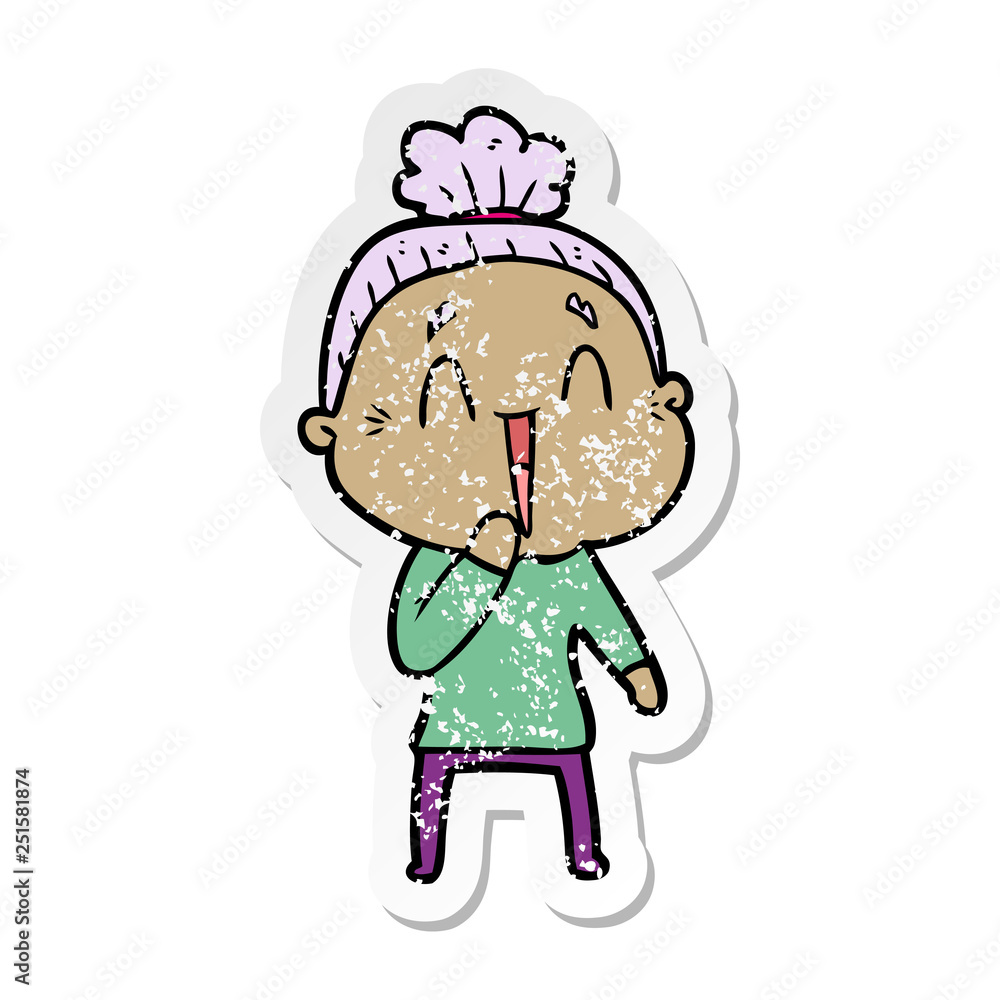 distressed sticker of a cartoon happy old lady distressed sticker of a cartoon happy old lady