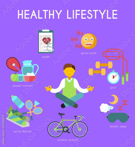 Healthy lifestyle concept vector illustration. Happy man meditating in yoga position banner. Good mood, sport equipment, healthy sleep, outdoor activity, active lifestyle, proper nutrition.