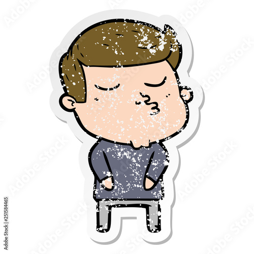 distressed sticker of a cartoon model guy pouting