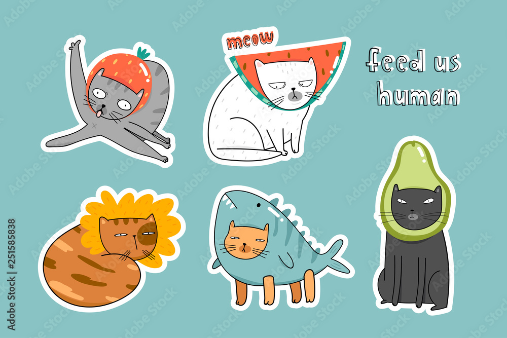 Feed us human. Cute hand drawn cartoon style cats in various costumes. Colored trendy vector illustration. All elements are isolated. Pre made sticker set Feed us human. Cute hand drawn cartoon style cats in various costumes. Colored trendy vector illustration. All elements are isolated. Pre made sticker set