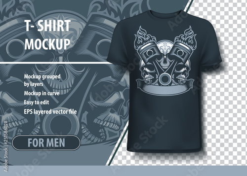 Burning pistons with three skulls behind. Fully editable T-Shirt template.