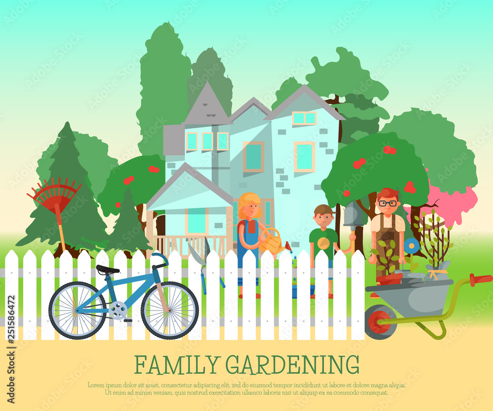 Fototapeta premium Happy family gardening poster vector illustration. Parents and kids are working near house, in yard behind fence. Woman watering flowers. Wheelbarrow with plants. Boy standing with shovel.
