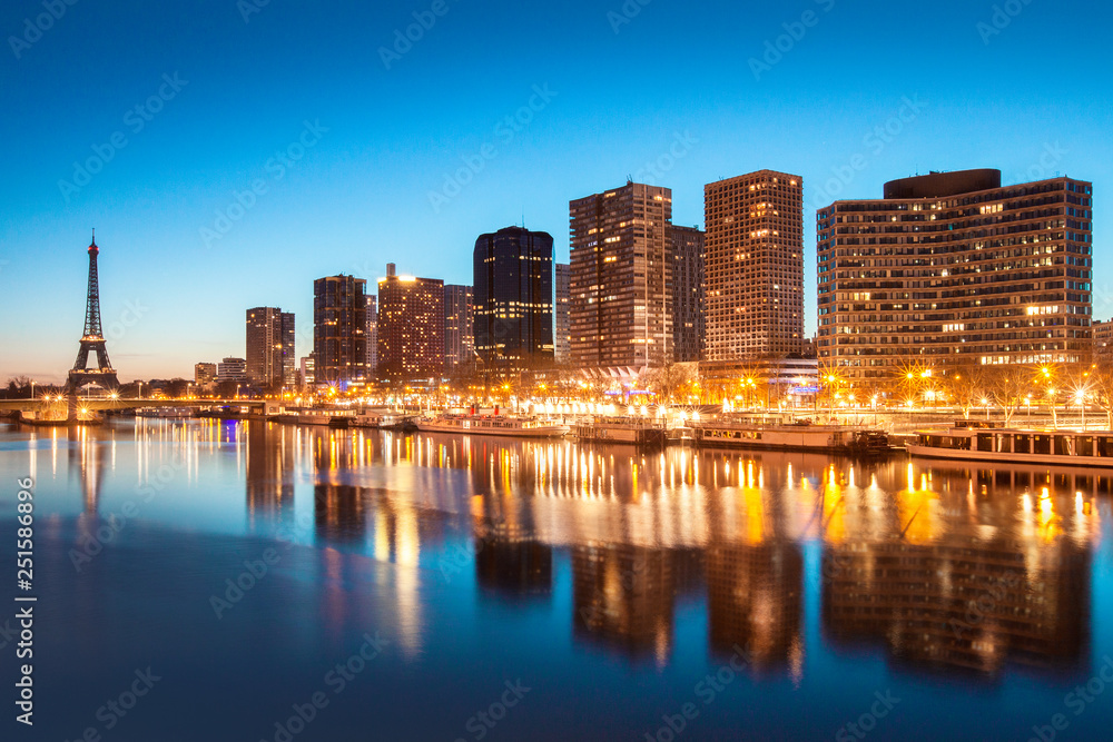 Spring morning view of the Eiffel tower in Paris, France.