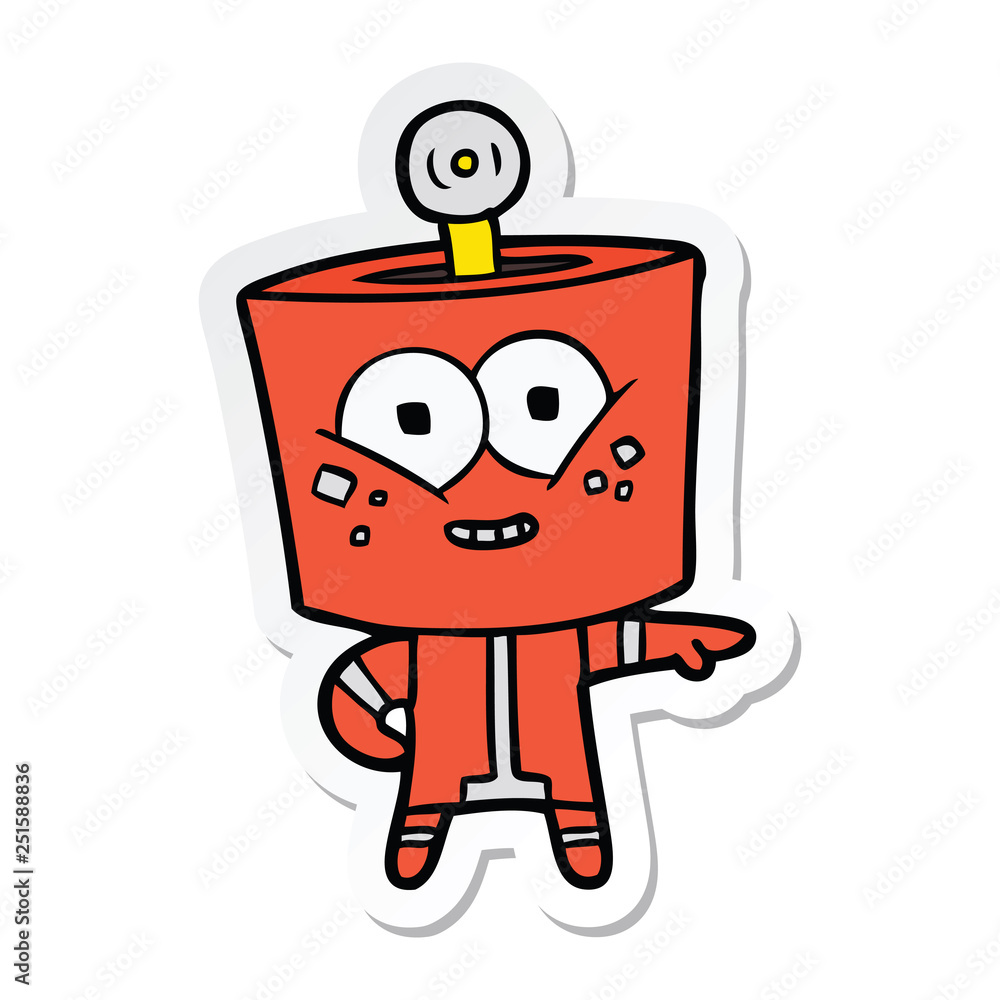 sticker of a happy cartoon robot pointing sticker of a happy cartoon robot pointing