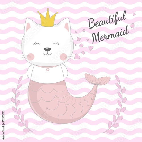 Hand drawn beautiful funny cat mermaid princess on a Isolated pink stripes background.
