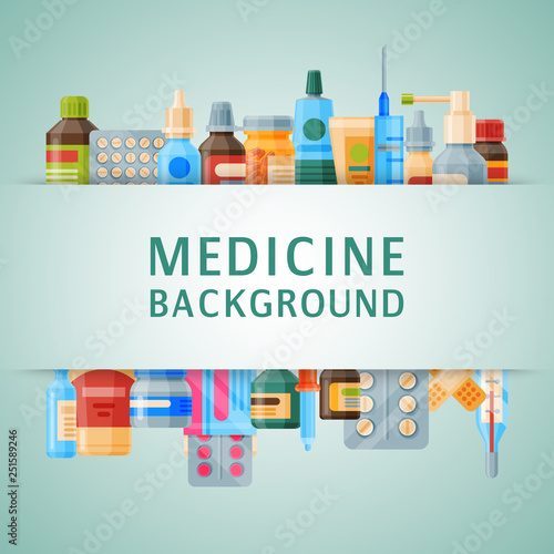 Medicine background banner vector illustration. Medicine, pharmacy, hospital set of drugs with labels. Medication, pharmaceutics concept. Different medical pills and bottles.