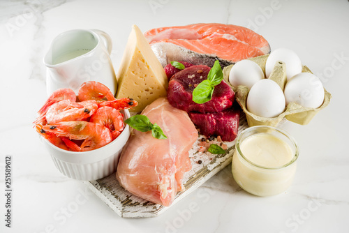 Animal protein sources - raw beef meat steak, chicken breast fillet, salmon fish, eggs, dairy milk, shrimps, cheese, copy space