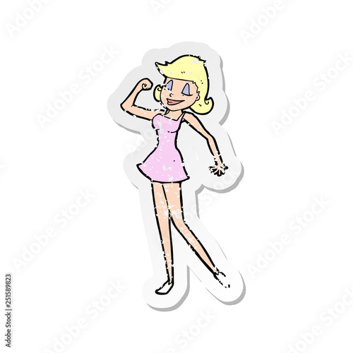 retro distressed sticker of a cartoon woman with can do attitude