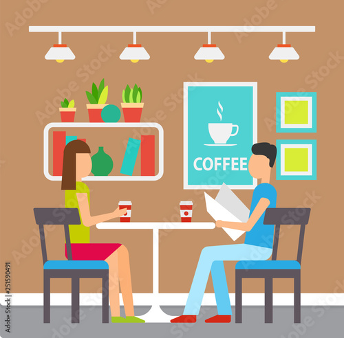 Man and woman drinking coffee in a coffeehouse vector. Man reading menu with desserts and drinks. Interior of place, shelves and pictures on wall